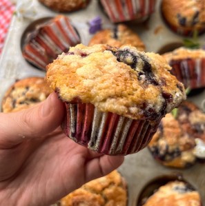 Banana Blueberry Muffins with Cinnamon Crumble & Jam Swirl