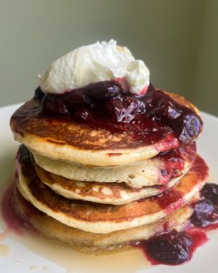 Fluffy Sourdough Discard Pancakes (with Blueberry Compote & Mascarpone Cream)